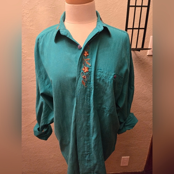 GAP Tops - Vintage Gap Silk Blend Embroidered Button Up Shirt Teal